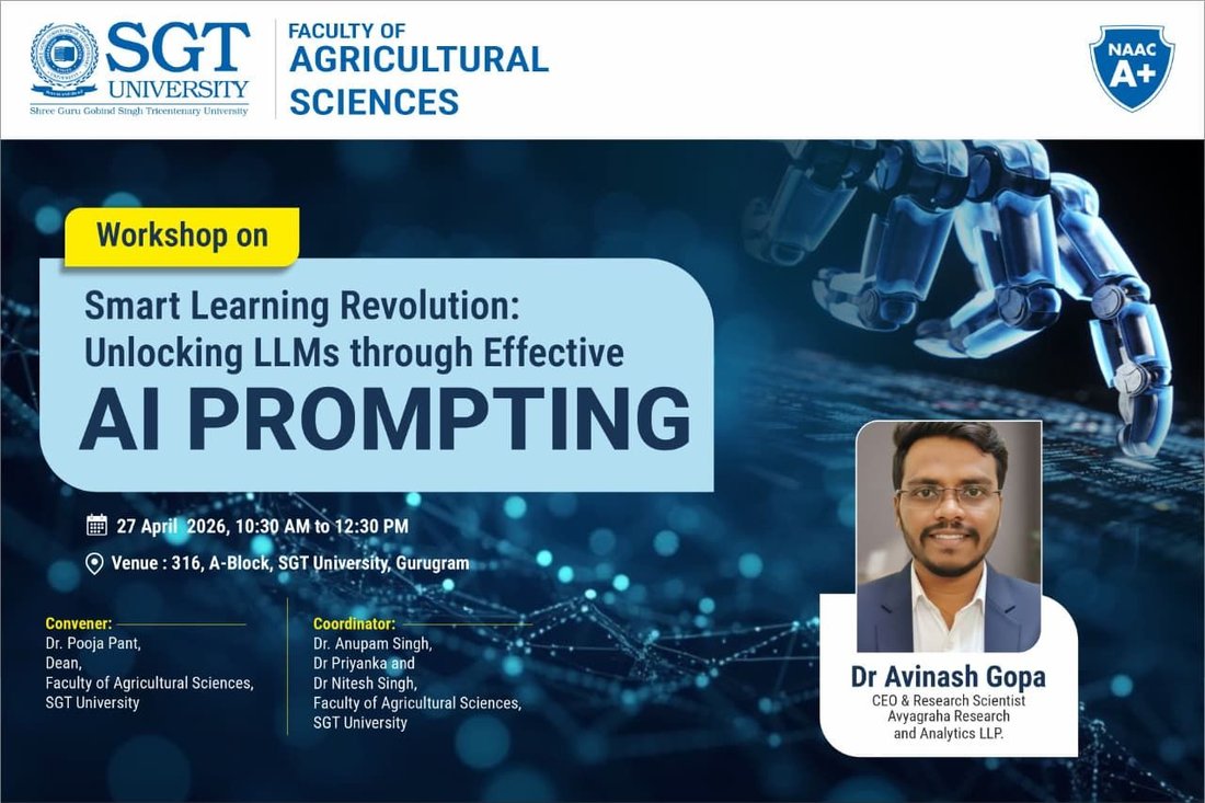 SGT University AI Prompting workshop poster featuring Dr Avinash Gopa, 27 April 2026