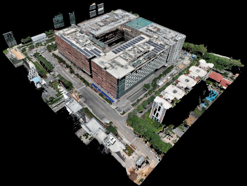 Sample drone survey output: dense 3D point cloud of a building complex
