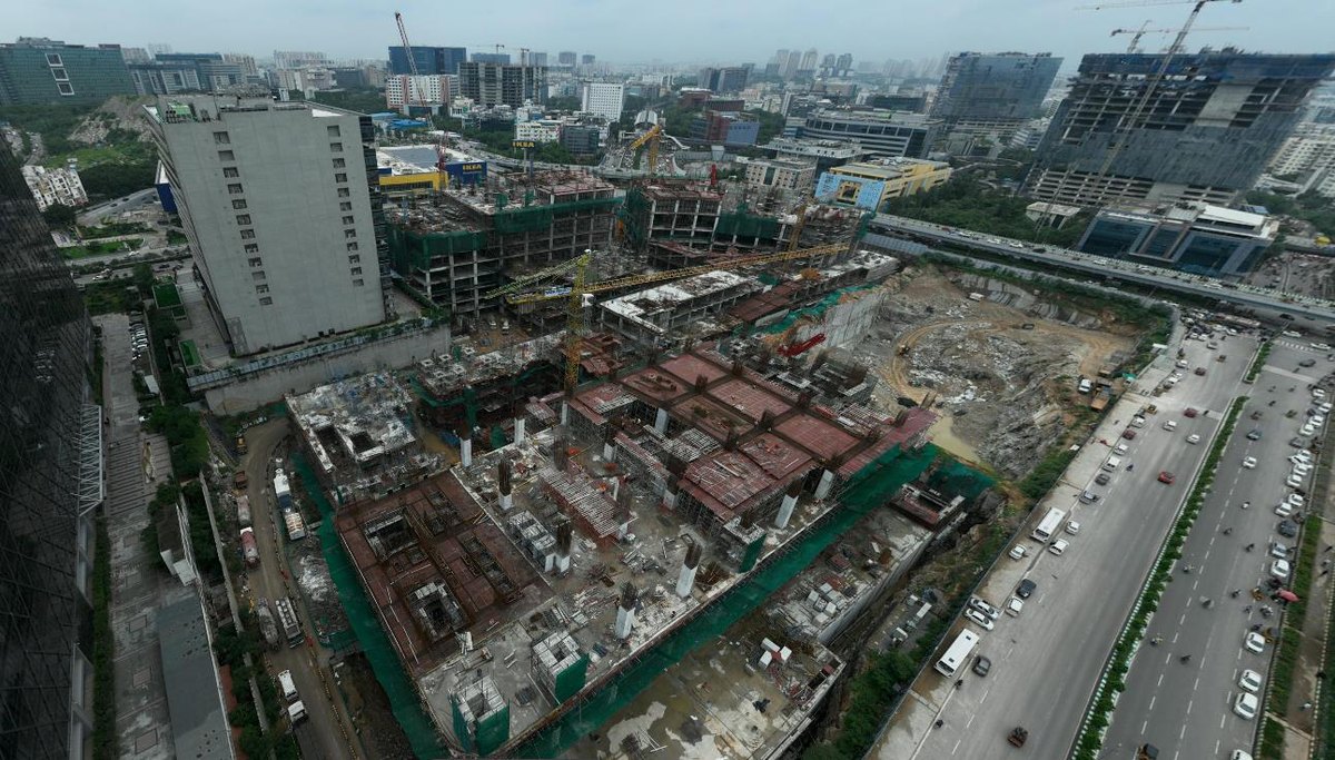 Sample drone survey output: wide aerial panorama of an active construction site