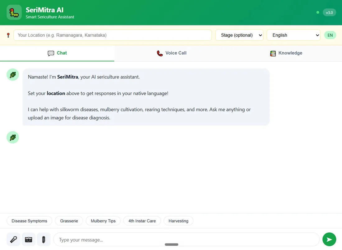 The 5eriMitra AI assistant interface, showing chat guidance for sericulture