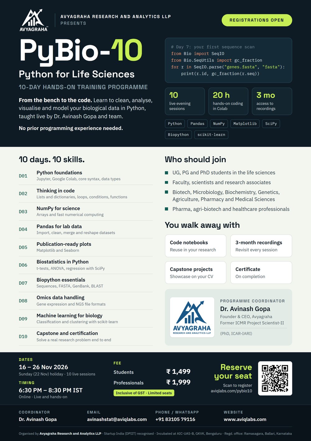 PyBio-10 flyer: Python for Life Sciences, 16 to 26 November 2026